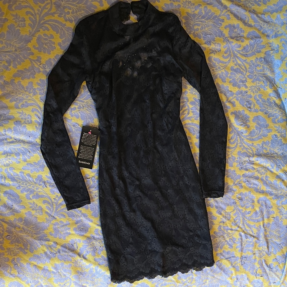 BeBe black lace open back bodycon mini dress